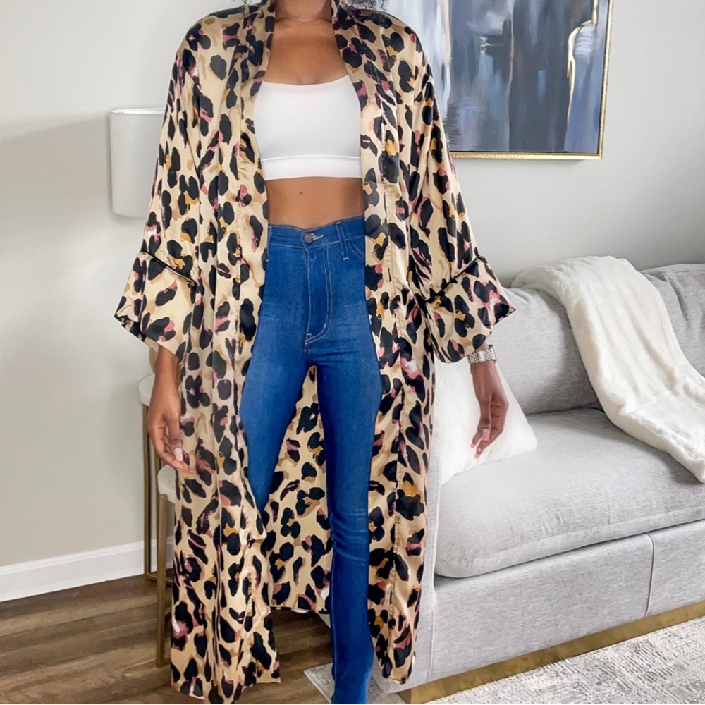 Satin Leopard Print Open Duster Cardigan